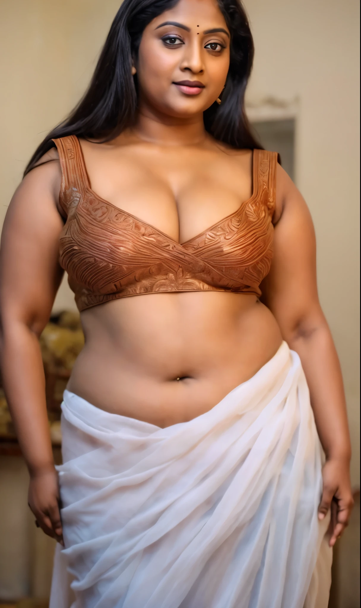 Looks like Indian Actress Ester Noronha, stunning beauty, enchantress, maharani, beautiful like apsara, An Extremely gorgeous and beautiful Bengali village woman, 55 yo, pale white skin, sensual appealing body, perfect thick and chubby Beauty, wearing saree bare-chested, wearing a Bengali-style saree without a blouse,, ethnic vintage bengali village woman, bengali style saree, The sari was worn without a blouse and petticoat before the British Raj, baring one's chest or being blouseless, intricate , Bengalis a.k.a. Bongs are known for their unique Bengali fashion sense (the way they don that sari makes you go wow), Pre British Raj, Pre colonial era, Bengali Woman draping sari without blouse is a normal thing in pre British Era, bong woman, wearing kajal or kohl or kajol in eyes, enchanting face, fluent body language and her own appeal is truly different, thick fleshy navel, juicy lips, beautiful curvy village woman, desi gorgeous Bong aunty, curvy mature beauty, Bengali bhabhi , deep juicy navel, juicy figure, skin pores, skin texture, highly detailed, sensually appealing, appealing figure, appealing body language,