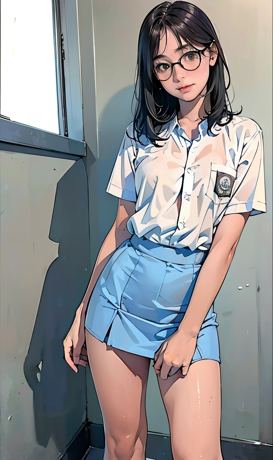 18 years old girl, (((at park))), (transparent white shirt), (wet shirt), (mini skirt), (pastel blue skirt), RAW photo, (photorealistic:1.37, realistic), highly detailed CG unified 8K wallpapers, 1girl, ((slender body:1)), (small breasts:1.3), looking at viewer, ((straight from front)), (HQ skin:1.2), (clean skin:1.2), 8k uhd, dslr, soft lighting, high quality, film grain, Fujifilm XT3, (full body:0.8) , tokyolagii , (bold glasses), full body in, perfect body, two legs, long legs, (wide waist:1.2), (big tigh:1.3), (cleavage:0.8), sad, blushing