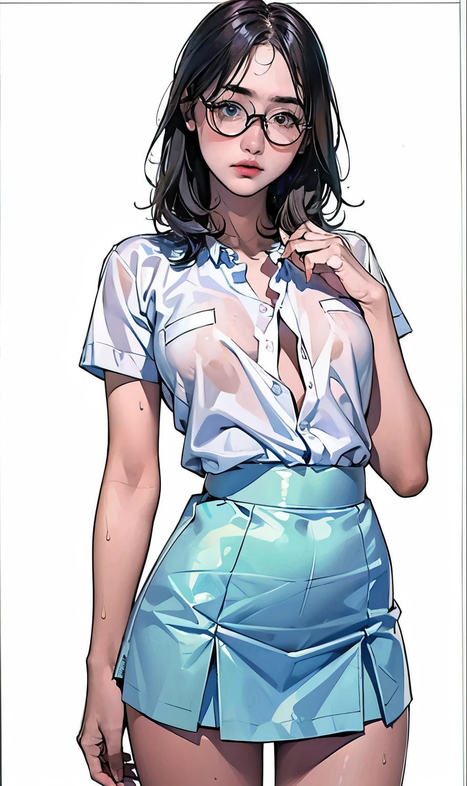 18 years old girl, (((at park))), (transparent white shirt), (wet shirt), (mini skirt), (pastel blue skirt), RAW photo, (photorealistic:1.37, realistic), highly detailed CG unified 8K wallpapers, 1girl, ((slender body:1)), (small breasts:1.3), looking at viewer, ((straight from front)), (HQ skin:1.2), (clean skin:1.2), 8k uhd, dslr, soft lighting, high quality, film grain, Fujifilm XT3, (full body:0.8) , tokyolagii , (bold glasses), full body in, perfect body, two legs, long legs, (wide waist:1.2), (big tigh:1.3), (cleavage:0.8), sad, blushing