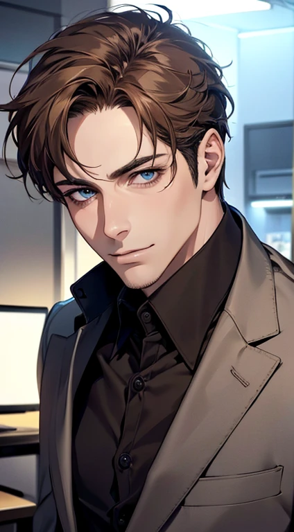 (best quality,4k,8k,highres,masterpiece:1.2),ultra-detailed,(realistic,photorealistic,photo-realistic:1.37),1 man,31 years old,mature man,very handsome,without expression,smile,short grey brown hair,blue eyes,penetrating gaze,perfect face without errors,imposing posture,businessman,office background,cinematic lighting,hdr image