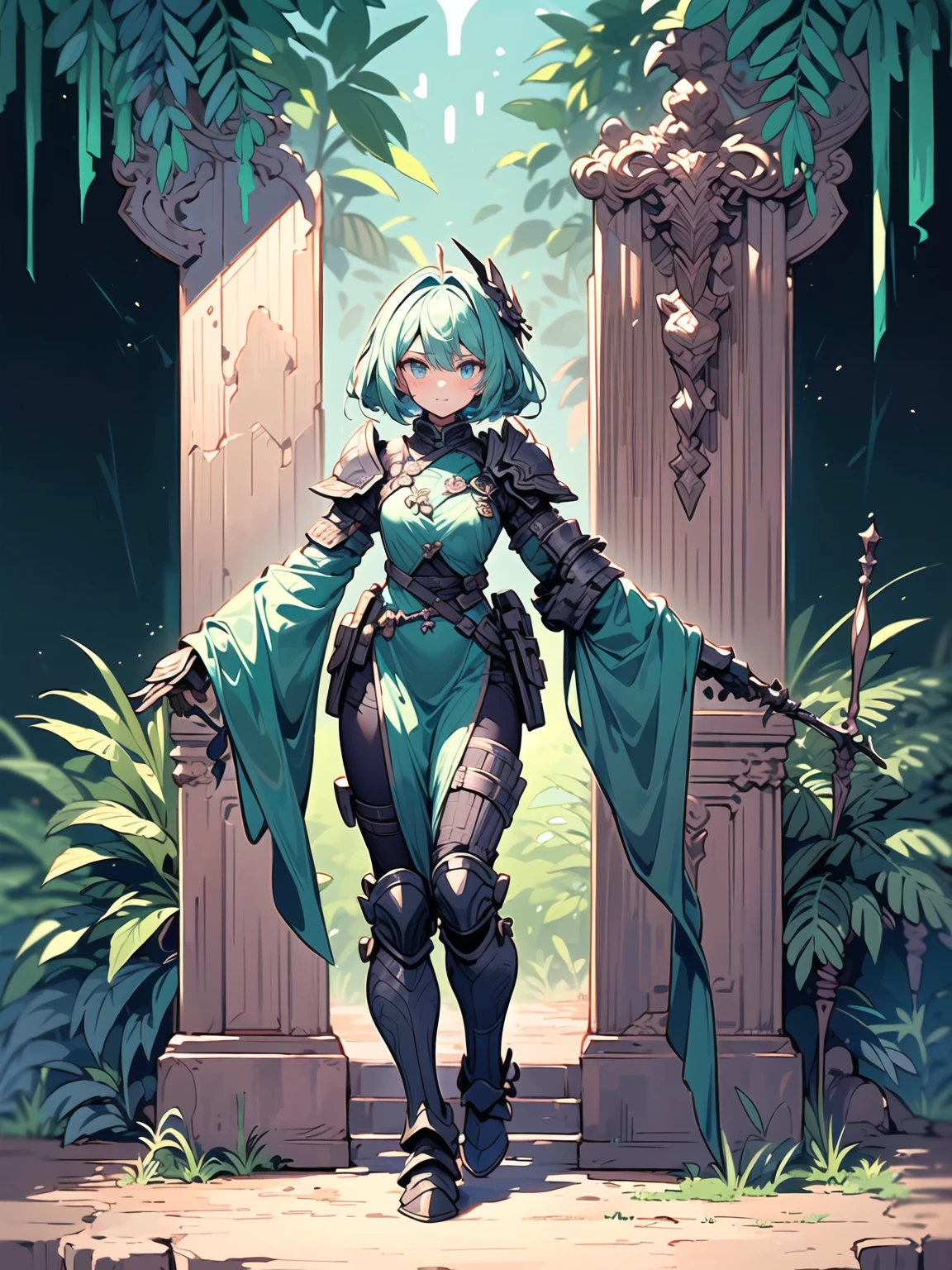 (((masterpiece, best quality, high detailed, 8k))) Design a layout showcase Gaming character, (1girl). Green|Brown clothes, stylish and unique. ((showcase weapon:1.4)), dual daggers. (masterpiece:1.2), (best quality), 4k, ultra-detailed. (Step by step design, layout art:1.5), (luminous lighting, atmospheric lighting). assassin, ((glove full hands)), (((revealing clothes:1.3))), vambraces, armored legwear, (((full_body_shot:1.4))). {In a dense jungle}.