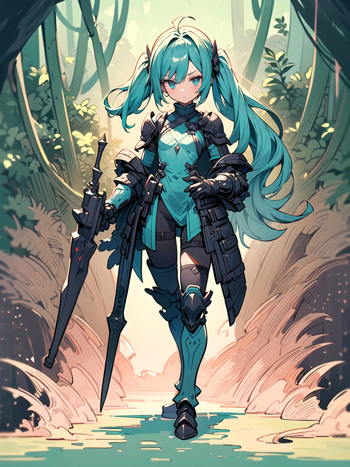 (((masterpiece, best quality, high detailed, 8k))) Design a layout showcase Gaming character, (1girl). Green|Brown clothes, stylish and unique. ((showcase weapon:1.4)), dual daggers. (masterpiece:1.2), (best quality), 4k, ultra-detailed. (Step by step design, layout art:1.5), (luminous lighting, atmospheric lighting). assassin, ((glove full hands)), (((revealing clothes:1.3))), vambraces, armored legwear, (((full_body_shot:1.4))). {In a dense jungle}.