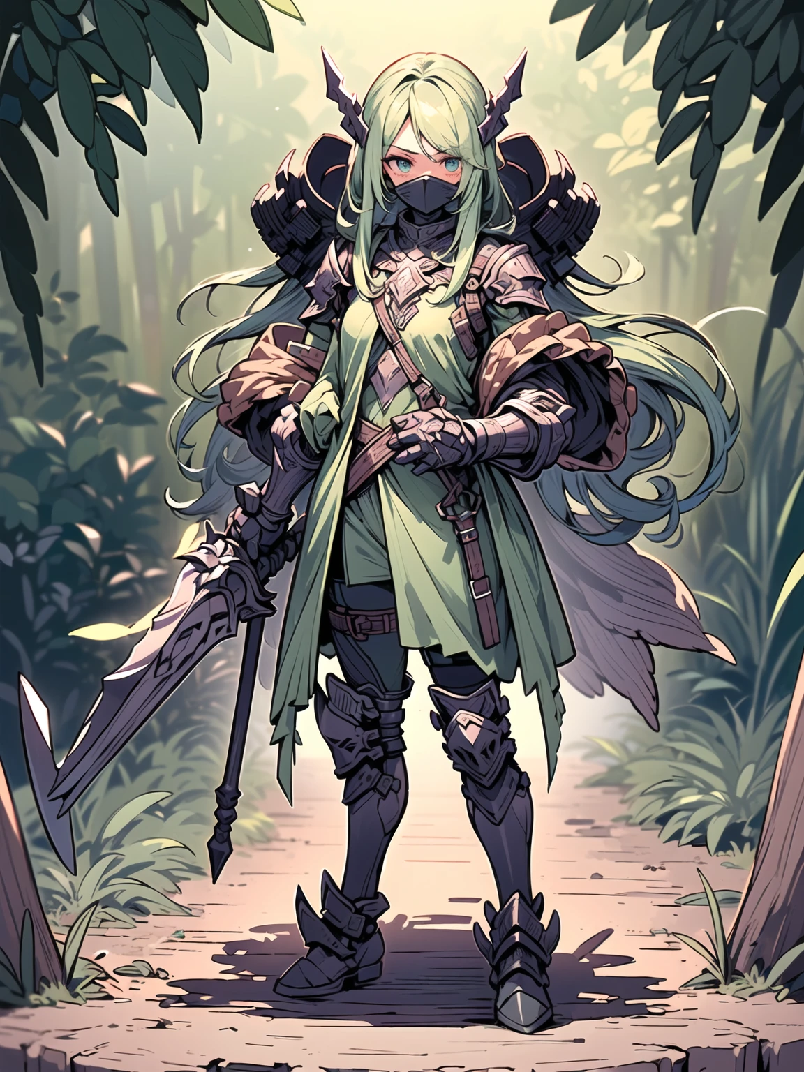 (((masterpiece, best quality, high detailed, 8k))) Design a layout showcase Gaming character, (1girl). Green|Brown clothes, stylish and unique. ((showcase weapon:1.4)), dual daggers. (masterpiece:1.2), (best quality), 4k, ultra-detailed. (Step by step design, layout art:1.5), (luminous lighting, atmospheric lighting). assassin, ((glove full hands)), (((revealing clothes:1.3))), vambraces, armored legwear, (((full_body_shot:1.4))). {In a dense jungle}.
