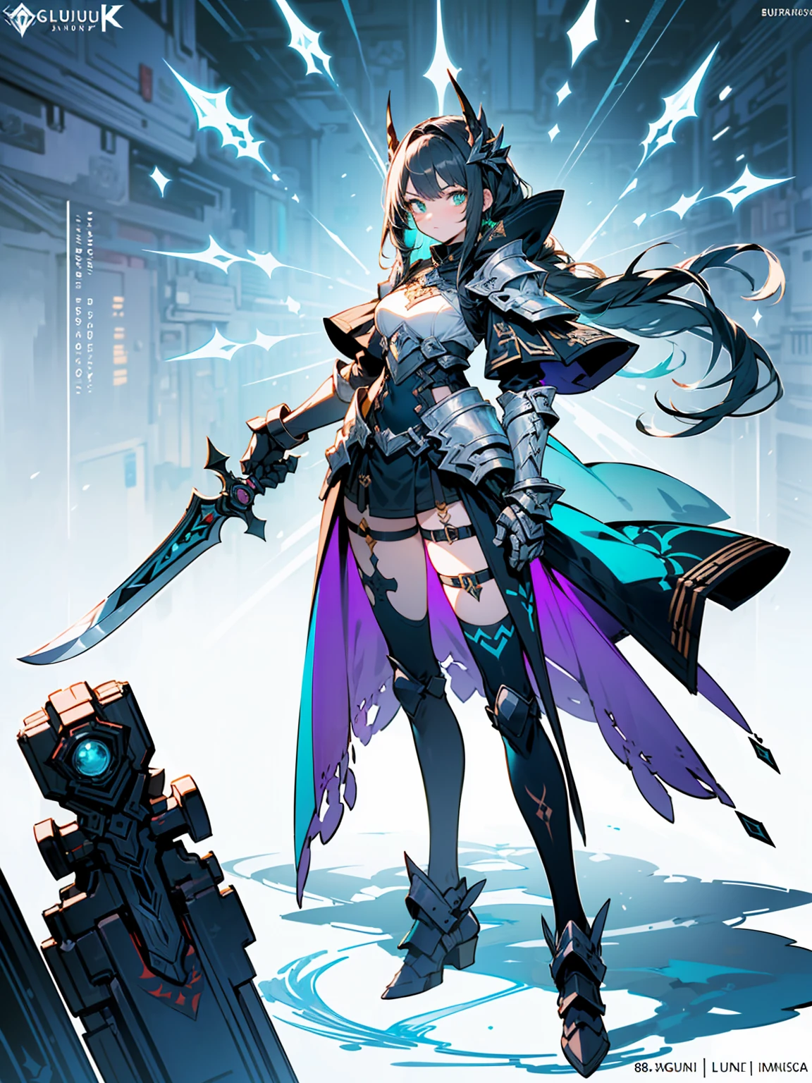 (((masterpiece, best quality, high detailed, 8k))) Design a layout showcase Gaming character, (1girl). Green|Brown clothes, stylish and unique. ((showcase weapon:1.4)), dual daggers. (masterpiece:1.2), (best quality), 4k, ultra-detailed. (Step by step design, layout art:1.5), (luminous lighting, atmospheric lighting). assassin, ((glove full hands)), (((revealing clothes:1.3))), vambraces, armored legwear, (((full_body_shot:1.4))). {In a dense jungle}.