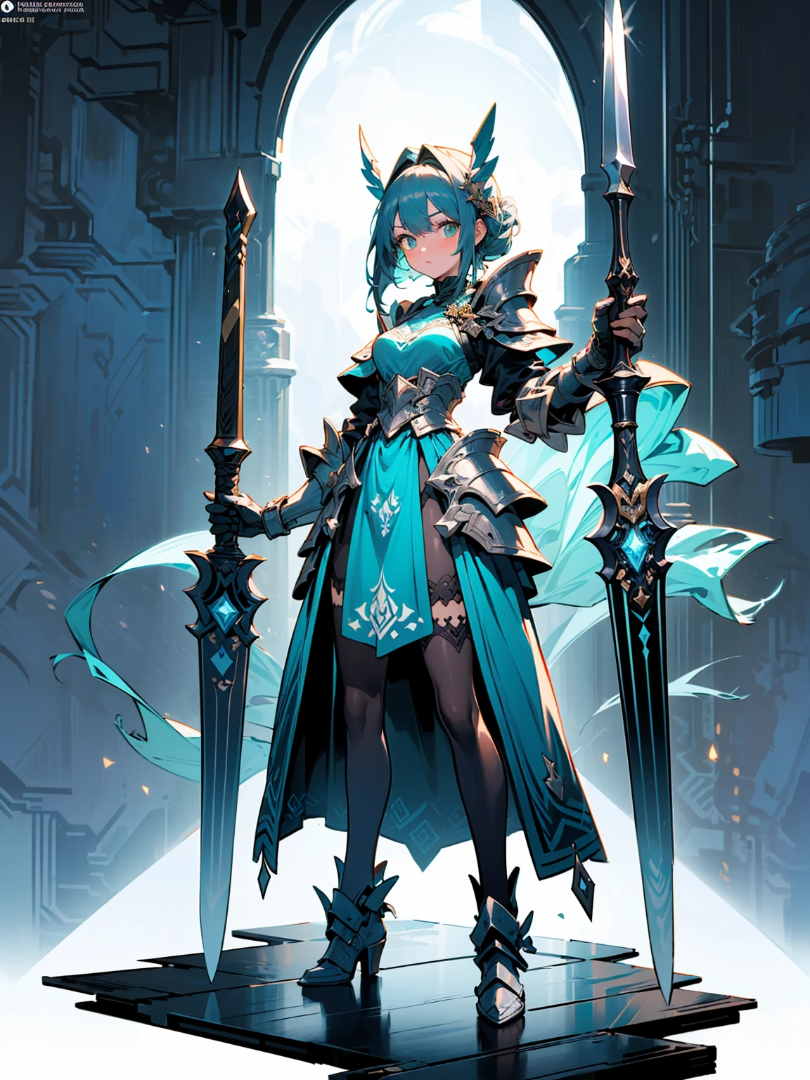 (((masterpiece, best quality, high detailed, 8k))) Design a layout showcase Gaming character, (1girl). Green|Brown clothes, stylish and unique. ((showcase weapon:1.4)), dual daggers. (masterpiece:1.2), (best quality), 4k, ultra-detailed. (Step by step design, layout art:1.5), (luminous lighting, atmospheric lighting). assassin, ((glove full hands)), (((revealing clothes:1.3))), vambraces, armored legwear, (((full_body_shot:1.4))). {In a dense jungle}.