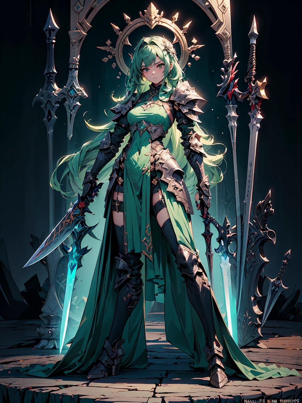 (((masterpiece, best quality, high detailed, 8k))) Design a layout showcase Gaming character, (1girl). Green|Brown clothes, stylish and unique. ((showcase weapon:1.4)), dual daggers. (masterpiece:1.2), (best quality), 4k, ultra-detailed. (Step by step design, layout art:1.5), (luminous lighting, atmospheric lighting). assassin, ((glove full hands)), (((revealing clothes:1.3))), vambraces, armored legwear, (((full_body_shot:1.4))). {In a dense jungle}.
