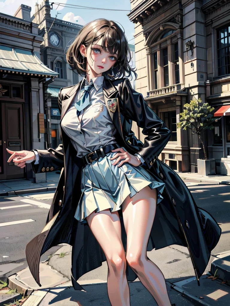 absurdres, RAW photo, extremely delicate and beautiful, masterpiece, Best Quality, ultra high resolution, 32k, hyperrealistic, ultra-detailed, perfect anatomy, anatomically correct, perfect figure, Perfect Style, Perfect balance, super Detailed skin, in her 30s, very Slim body, narrow waist, very small head, very small face, delicate facial features, handsome detailed woman, very detailed eyes and face, realistic face proportions, Realistic beautiful face, Realistic beautiful eyes, tearful mole, earring, medium tits, full body shot, medium hair, asymmetrical hair, outdoor, (school_uniform:1.2), short skirt,