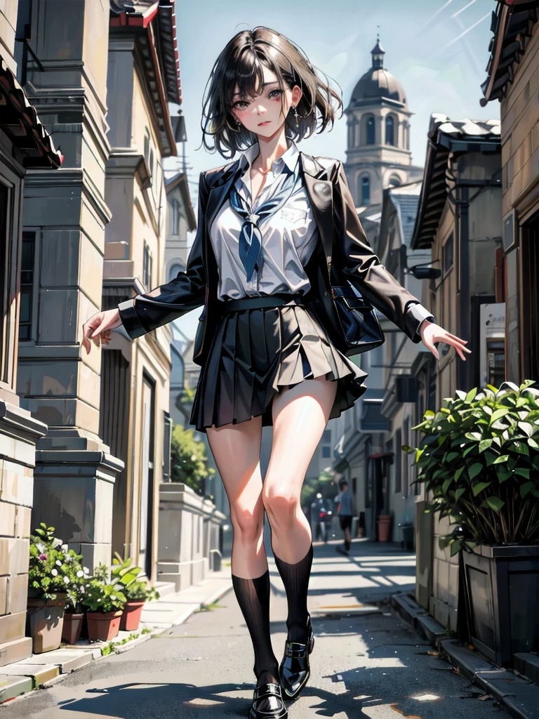 absurdres, RAW photo, extremely delicate and beautiful, masterpiece, Best Quality, ultra high resolution, 32k, hyperrealistic, ultra-detailed, perfect anatomy, anatomically correct, perfect figure, Perfect Style, Perfect balance, super Detailed skin, in her 30s, very Slim body, narrow waist, very small head, very small face, delicate facial features, handsome detailed woman, very detailed eyes and face, realistic face proportions, Realistic beautiful face, Realistic beautiful eyes, tearful mole, earring, medium tits, full body shot, medium hair, asymmetrical hair, outdoor, (school_uniform:1.2), short skirt,