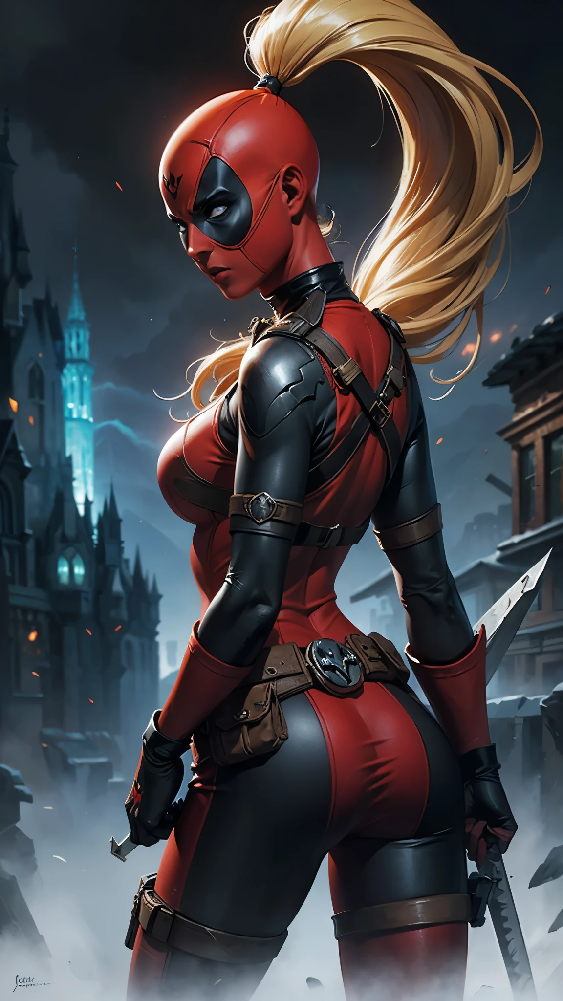 masterpiece, best quality, highres, contrapposto,BodySuit_lady_deadpool_ownwaifu,
1girl, mask, blonde hair, ponytail, long hair, large breasts, no pupils, 
bodysuit, skin tight, superhero, belt pouch, utility belt, red bodysuit, gloves, weapon on back, thigh pouch, thigh strap, thigh holster, belt buckle, turtleneck, light particles, depth_of_field, scenery, night, closeup, solo,Epic Fantasy Art Style HD, 4K fantasy art, epic fantasy digital art style, epic fantasy art style, Fantasy Woman, epic fantasy art portrait, Epic fantasy style, hyperrealistic fantasy art, hd fantasy art, Epic fantasy character art, epic fantasy art, in style of dark fantasy art, epic fantasy digital art, ,(Fondo de ruinas de mazmorra en ruinas:1.4 )