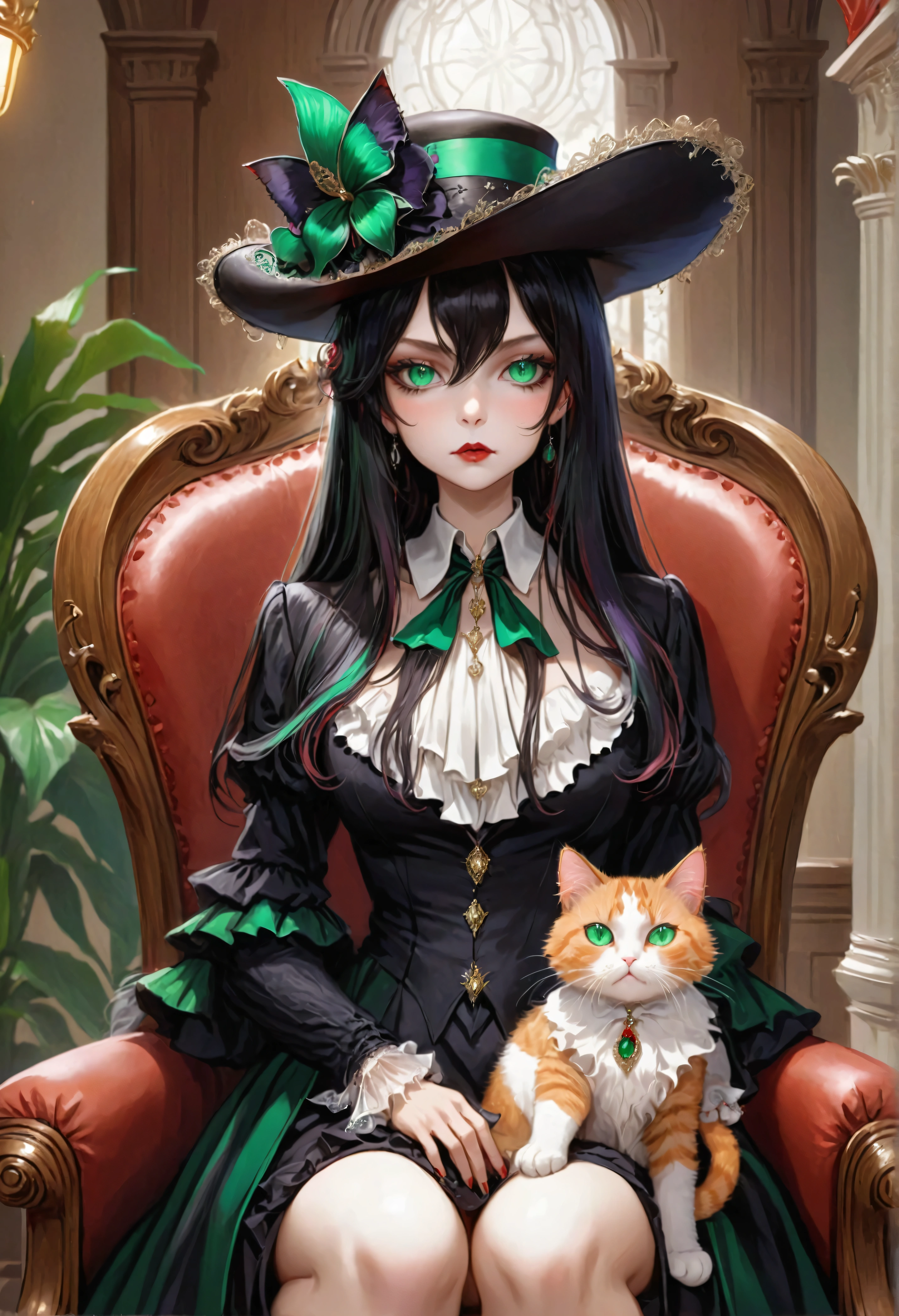 (Stunning extravagant) vampire lawyer (sitting in court), (holding calico cat), (strict lawyer attire with rich embellishments:1.1), (whimsical hat), extremely long hair, sparkling emerald eyes, (exotic rich court interior:1.2), plants, bright colors, masterpiece in maximum 16K resolution, best quality, ultra detailed, aesthetics, absurdes.
