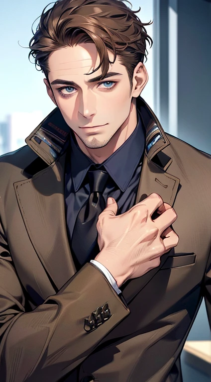 (best quality,4k,8k,highres,masterpiece:1.2),ultra-detailed,(realistic,photorealistic,photo-realistic:1.37),1 man,31 years old,mature man,very handsome,without expression,smile,short grey brown hair,blue eyes,penetrating gaze,perfect face without errors,imposing posture,businessman,office background,cinematic lighting,hdr image