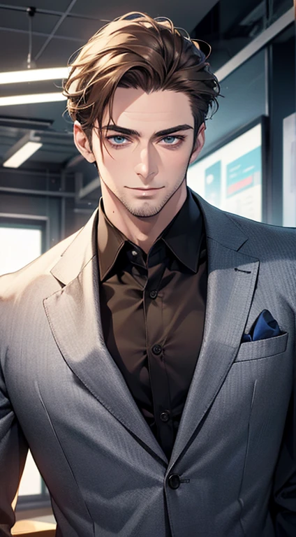 (best quality,4k,8k,highres,masterpiece:1.2),ultra-detailed,(realistic,photorealistic,photo-realistic:1.37),1 man,31 years old,mature man,very handsome,without expression,smile,short grey brown hair,blue eyes,penetrating gaze,perfect face without errors,imposing posture,businessman,office background,cinematic lighting,hdr image