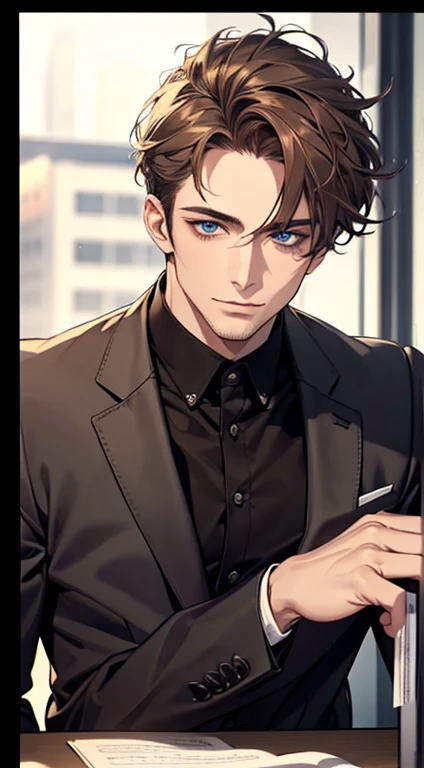 (best quality,4k,8k,highres,masterpiece:1.2),ultra-detailed,(realistic,photorealistic,photo-realistic:1.37),1 man,31 years old,mature man,very handsome,without expression,smile,short grey brown hair,blue eyes,penetrating gaze,perfect face without errors,imposing posture,businessman,office background,cinematic lighting,hdr image