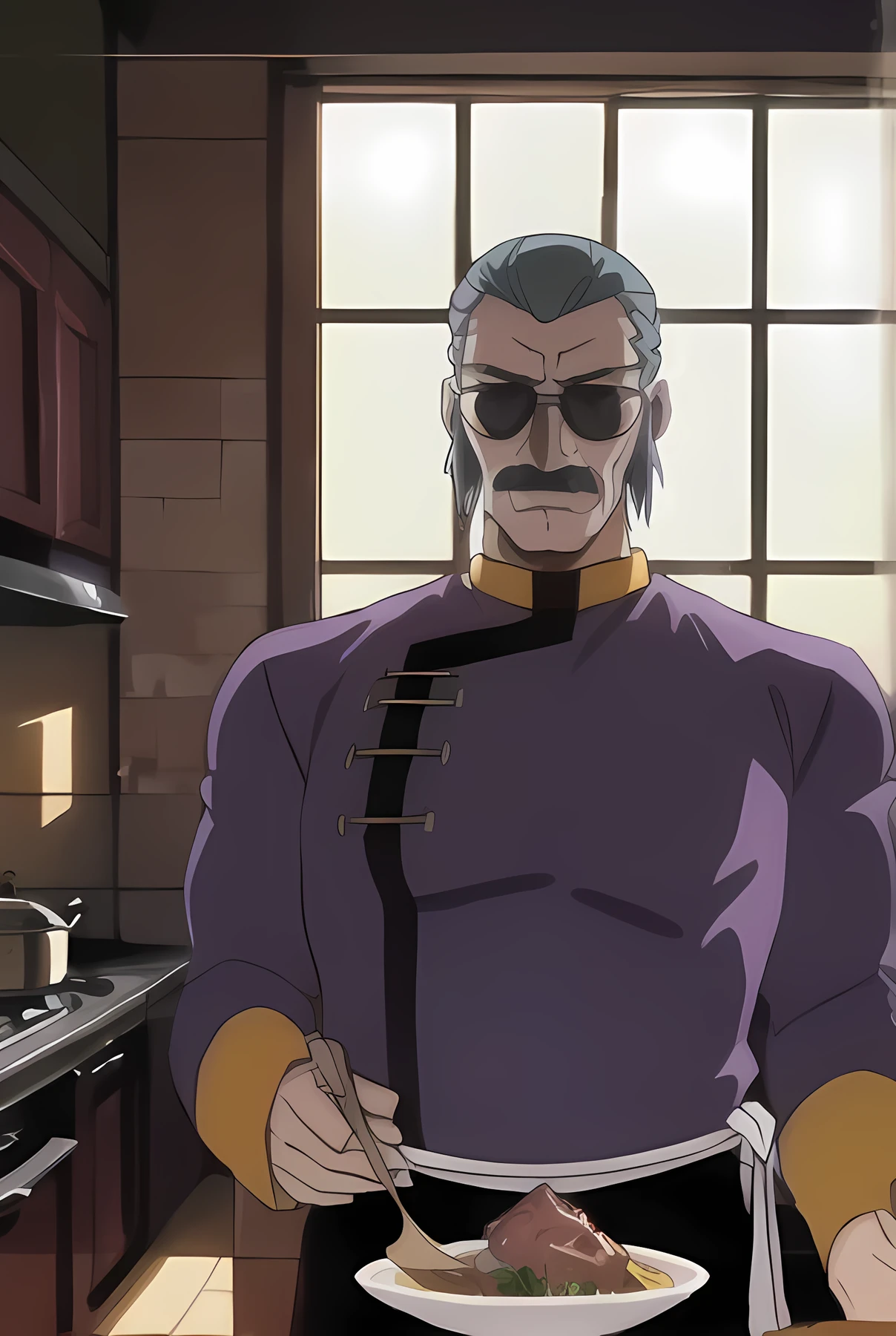 Highly detailed, High Quality,masterpiece, best quality, hyres,intricate detail, extreme detail,
4k,absurdres,Detailed illustration,high resolution, ah1,
anime screencap,
1 boy,old man, masterasia,  closed eyes,
SaltBaeMeme, salt, sunglases,  fish saute,beaf stick,voile meat,create miso soop,in dinner kitchen room,
backlighting, sunlight, woods,landscape,