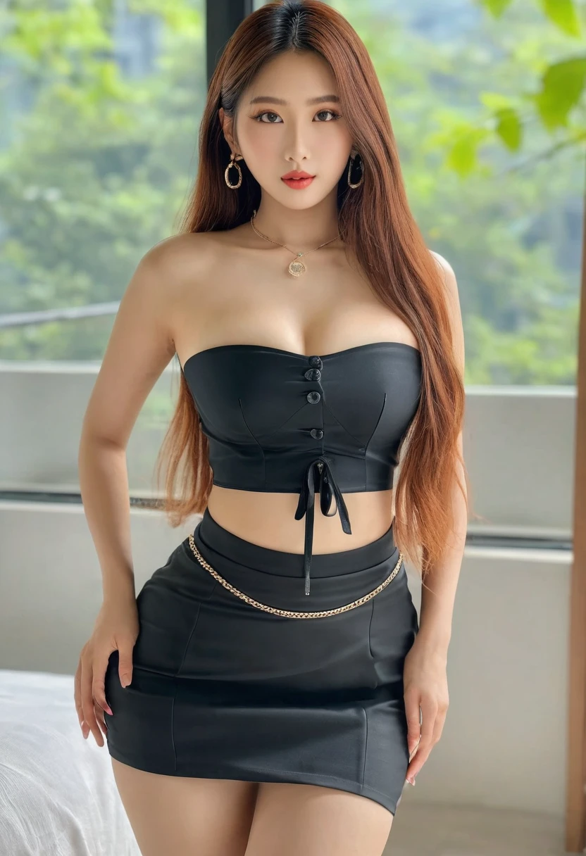 ((Best resolution)), ((high quality:1.2)), Work of art, 8k, extremely detailed, ((High detail:1.2)), (Hotlexi woman), 1girl, Solo, Korean female with 24 years old, (cropped strapless, micro-skirt), (beautiful perfect face:1.23), (perfect hourglass hot body),