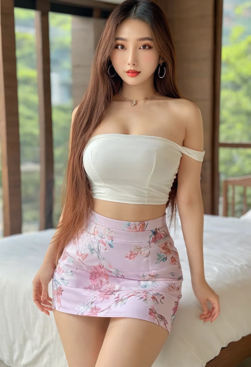 a woman in a floral crop top and mint skirt posing for a picture, crop top, crop top, bra, wearing white camisole, Bae Xiuzhi, wearing a camisole, physical : smallest belly ever, Beautiful young Korean woman, Cui Xianhua, cute core, lulu chen, Leruwe 5213
