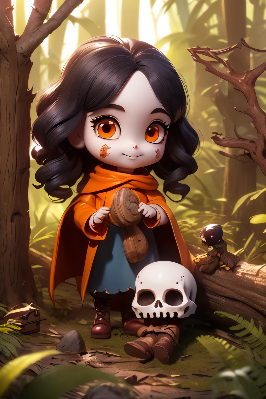 Photorealistic、Cute horror fantasy、Chibi Girl Doll(Devil Cosplay、Wicked Smile、Sagging under the eyes、Long eyebrows、Long nails、Orange eyes、Wear a long, big cloak) BREAK ,background(Musical notes around the doll, (dead tree:1.3), in the forest,shadow the cardboard\(Bat,Skeleton,Crow\)\)