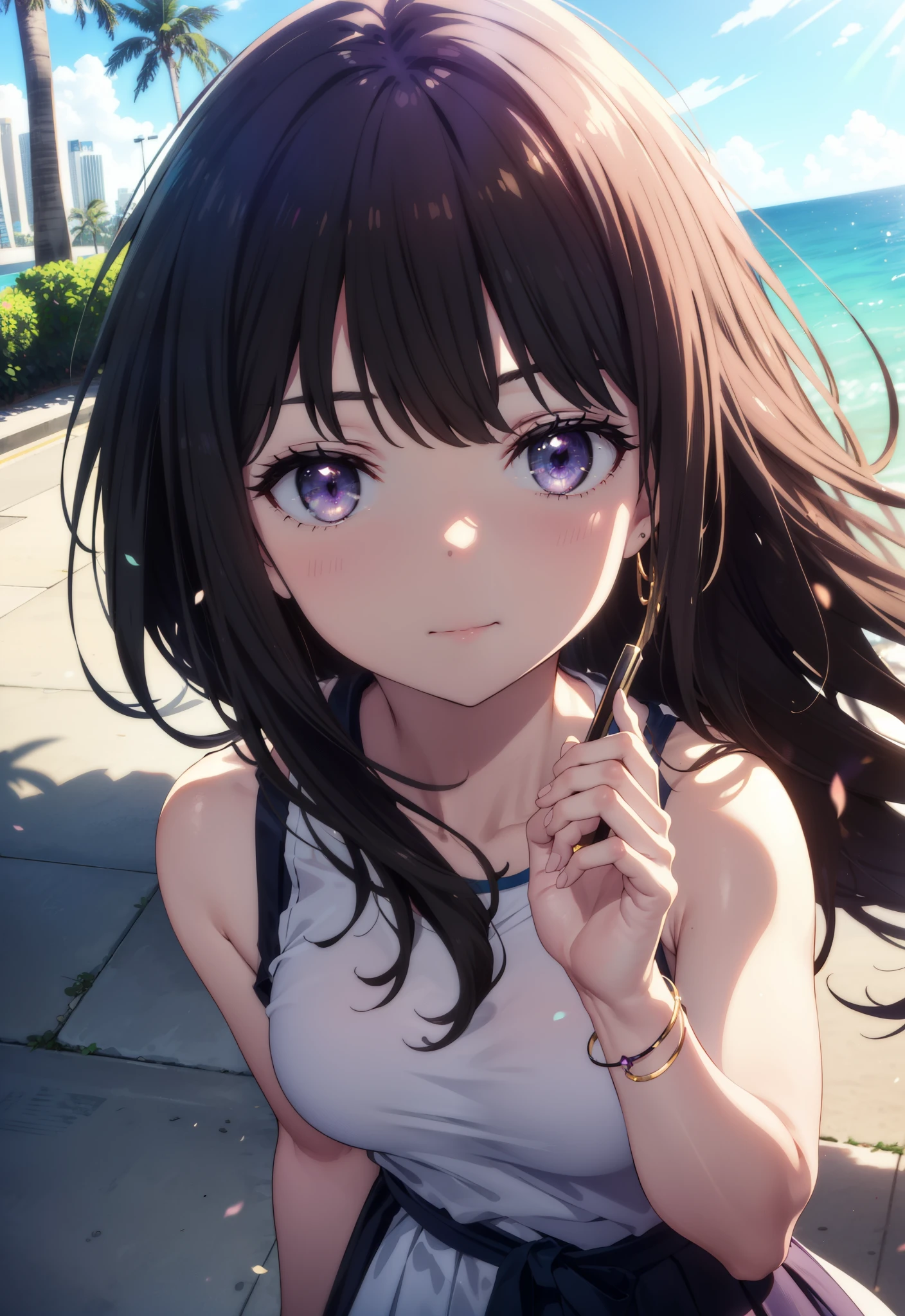 Takiuchikami, Long Hair, bangs, Black Hair, (Purple eyes:1.2),Blue Tank Top,White long skirt,Heeled Sandals,Daytime,Clear skies,Palm tree,Walking,smile,Close your mouth,blush,whole bodyがイラストに入るように, break outdoors, tropical,Tropical,Coastal Road, break looking at viewer, whole body, break (masterpiece:1.2), Highest quality, High resolution, unity 8k wallpaper, (figure:0.8), (Beautiful attention to detail:1.6), Highly detailed face, Perfect lighting, Highly detailed CG, (Perfect hands, Perfect Anatomy),
break outdoors, city,
break looking at viewer, whole body,
break (masterpiece:1.2), Highest quality, High resolution, unity 8k wallpaper, (shape:0.8), (Beautiful attention to detail:1.6), Highly detailed face, Perfect lighting, Extremely detailed CG, (Perfect hands, Perfect Anatomy),