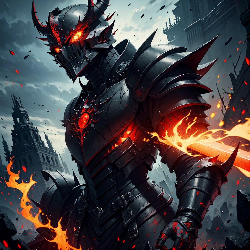 imposing warrior, armor black, red details, flaming sword, battle scars, thorns on shoulder pads, hooks in the greaves, helmet with demonic face, eerie glowing red eyes, coliseum background, dark spectators, Burning Flames