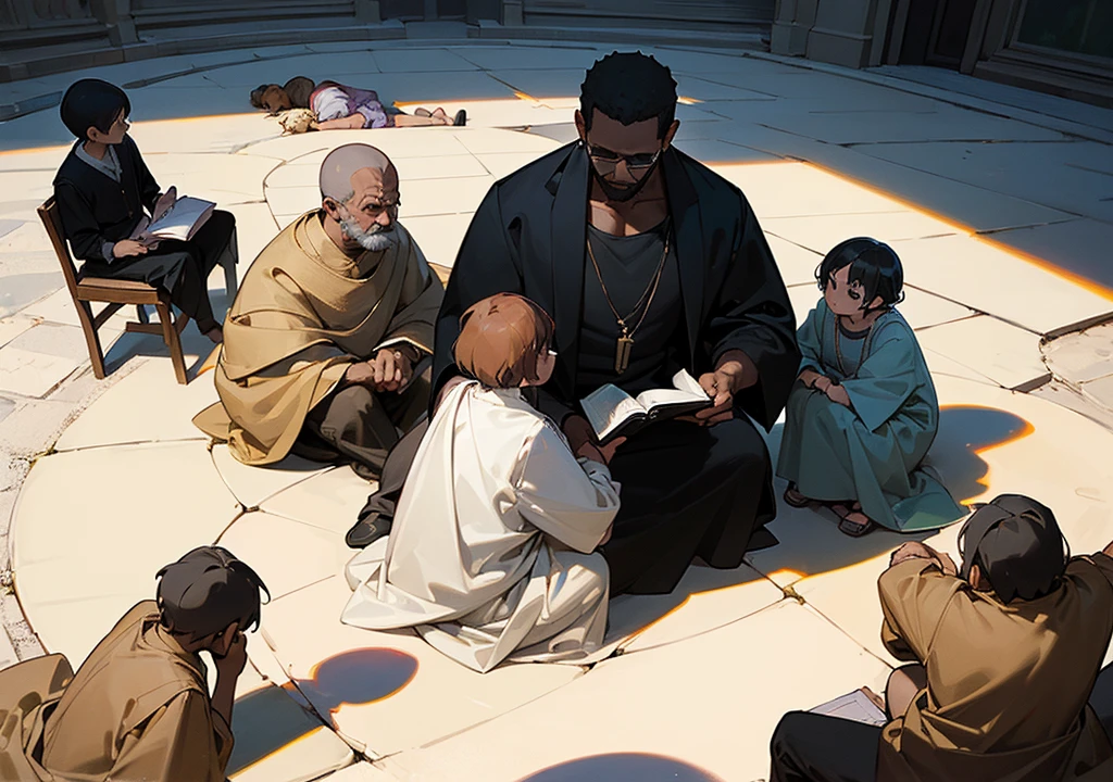 (work of art, best qualityer:1.35) make a group of 7 members happy black children up to 10 years old, (3girls), (3boys), all sitting around the philosopher Diogenes, who is holding a book, perfect lighting, perfect shading