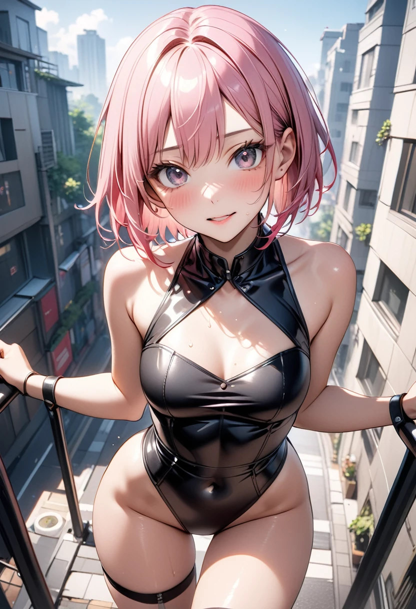 (Metal band vocalist female, metal band vocalist costume)), skinny, solo, 1 woman, Masterpiece, highest quality, highest quality, 16K, incredibly absurd, highly detailed, 2.5D, ai-generated, delicate and dynamic, very delicate facial expressions, delicate eye depiction, erotic, only sexy woman, ((A cute and kind face)), healthy figure, ((25-year-old woman)), 160cm tall, medium firm swaying bust,, (short hair), (pink hair:1.5), bob cut, black eye, blush, Sweat,Embarrassed,sexy, ((thin thighs)), (Erect nipples,:0.5), shiny and lustrous, facing straight at viewer, (in heat), ((Oily_skin)), ((dutch angle)), ((erotic pose)), (A park between bright city buildings),