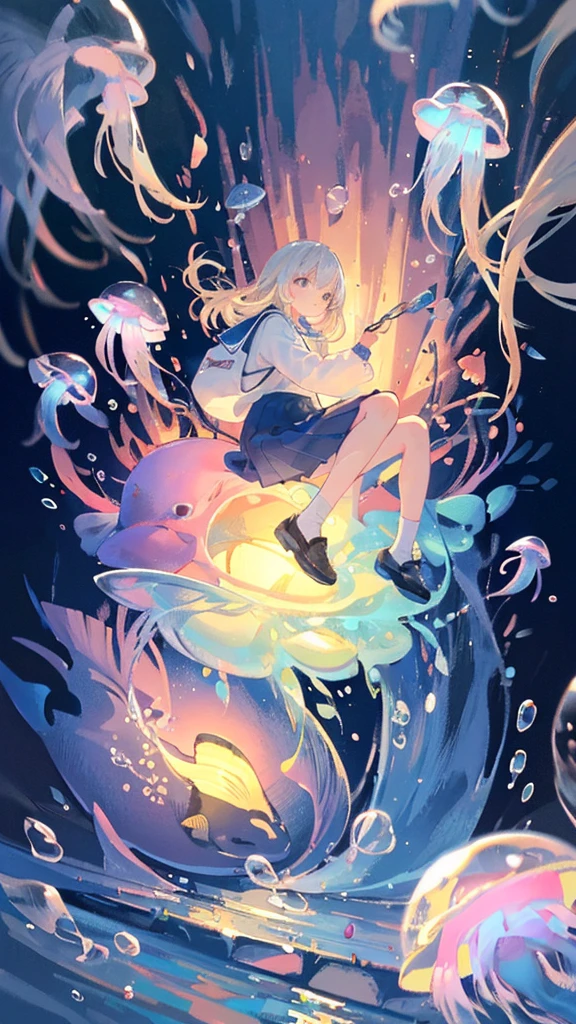 (masterpiece:1.3),(highest quality:1.2),8k,disorganized,unity 8k wallpaper,(very detailed:1.3),the best,High resolution,wonderful,figure,Soft light in a beautiful studio,amazingly beautiful,incredibly disorganized,vivid details,cinematic lighting,moody lighting,pixiv,award-winning, Professional, very detailed,perfect detailed face,14 years old、
transportation facilities_against_window, 1 girl, alone, colorful long blonde hair, skirt, long sleeve, sitting, , gray hair, pleated skirt, shoes, serafuku, fish, bubble, blue theme, (in water:1.2), (air bubble:1.3), Inside the train, (surreal:1.2), (jellyfish:1.2), (whale:1.1),(fish:1.2),blurred foreground,