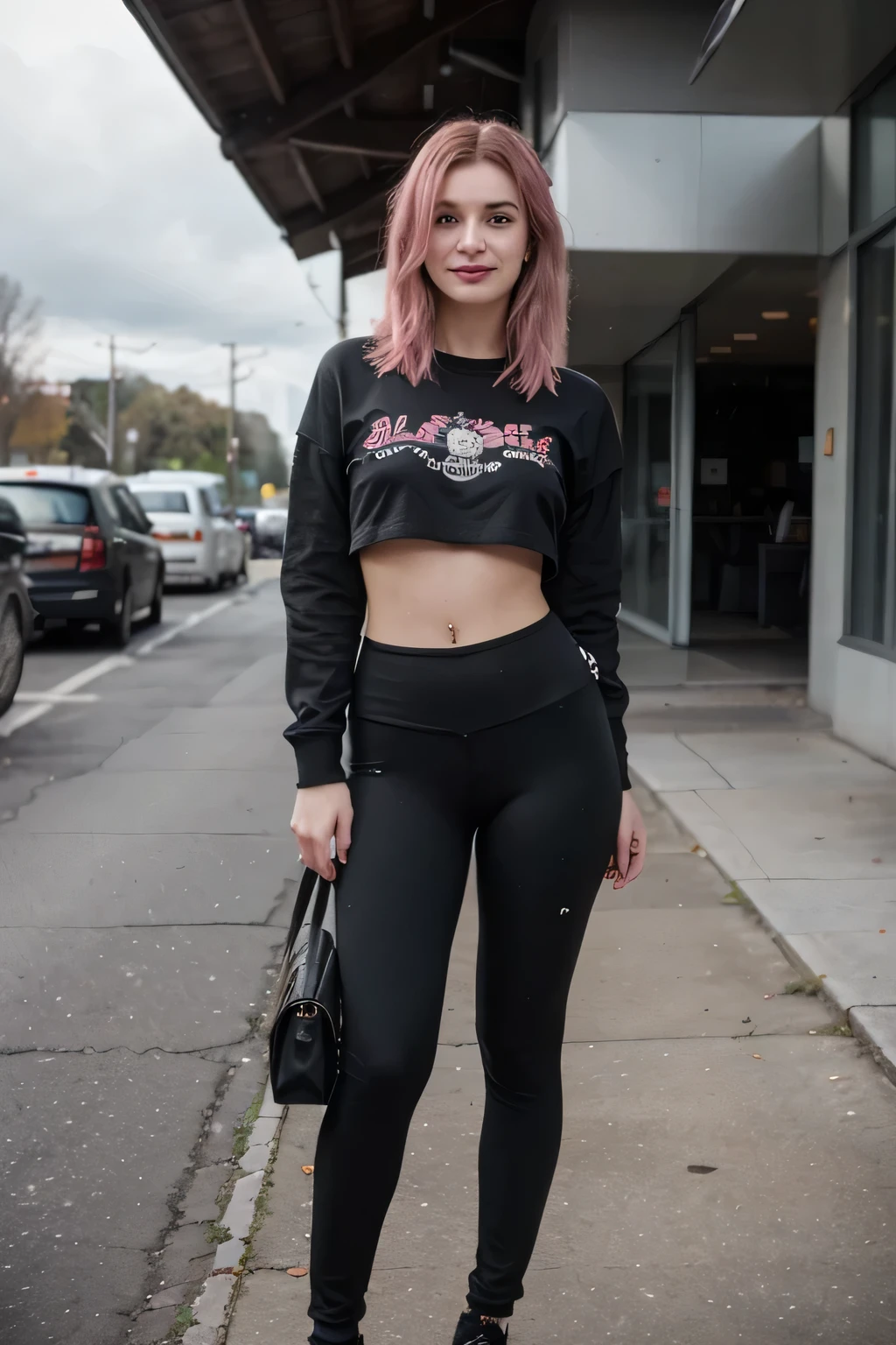 Hyper-realistic and detailed full-body photo of Bella Thorne, longer pink hair, beautiful women smiling, topless, wearing black yoga pants and a long, baggy sweatshirt. topless, staying outside in cloudy weather. perfects eyes, (eye make up:1.1), (highly detailed skin:1.1), ..........CRU, analog style, sharp focus, 8k hd, dslr, high qualiy, Fujifilm XT3, grain, awardwinning, work of art.