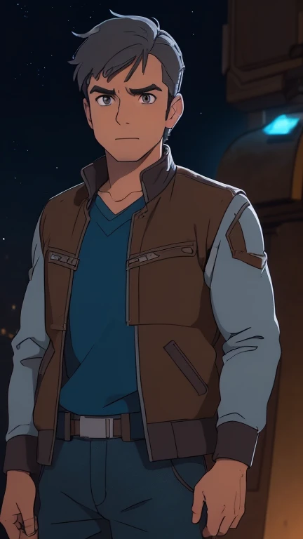 (European: Teens: 1male,clark,blue top,brown pant,brown jacket,StudioGhibliStyleHMC), (extremely detailed CG unit 8k wallpaper),(master part), (best quality), (ultra detail), (best illustration), (cinematic lighting), cowboy shot, (Sharp eyeliner, detailed eyes:1), dark star wars background, break , (star wsars), very short hair, grey hair