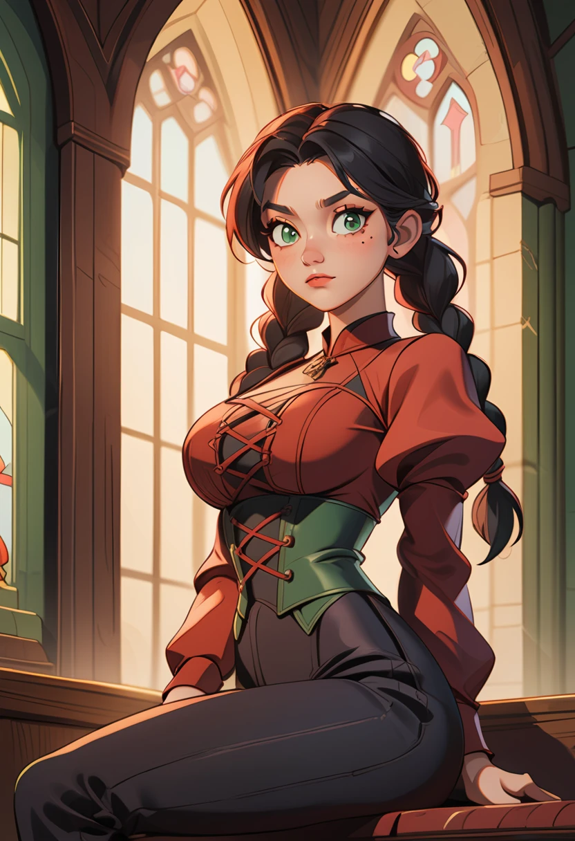 th3t4styl3, 1girl, solo, braid, black hair, sitting, long sleeves, breasts, green eyes, looking at viewer, twin braids, long hair, corset, puffy sleeves, pants, closed mouth, juliet sleeves, black pants, hair over shoulder, red shirt, shirt, indoors, cross-laced clothes, mole, mole under eye, large breasts, jewelry, necklace, sunlight, church, parted bangs, medium breasts, puffy long sleeves, window