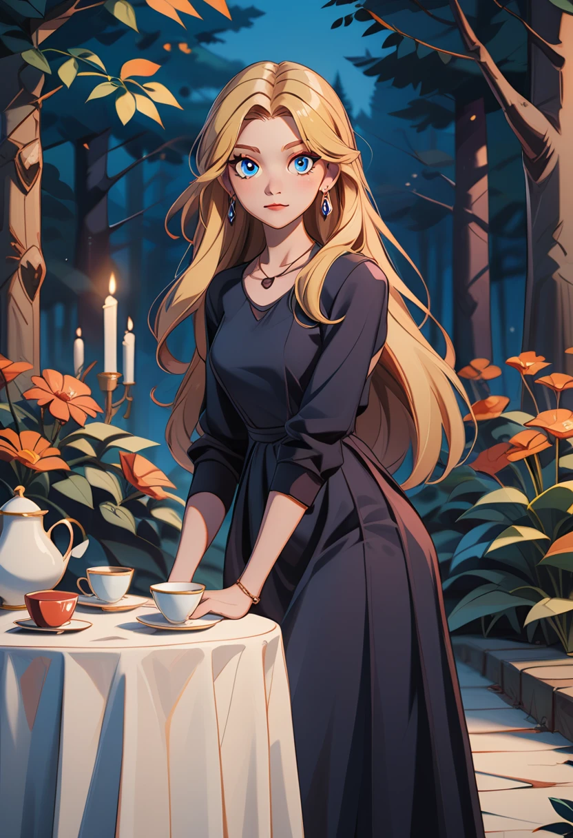 th3t4styl3,1girl, solo, dress, long hair, black dress, blonde hair, flower, blue eyes, jewelry, earrings, looking at viewer, cup, long sleeves, teacup, standing, table, tree, long dress, outdoors, candle, teapot, night, tablecloth, nature, parted bangs, closed mouth, plant, necklace, red flower, feet out of frame, forest, straight hair, saucer, orange flower