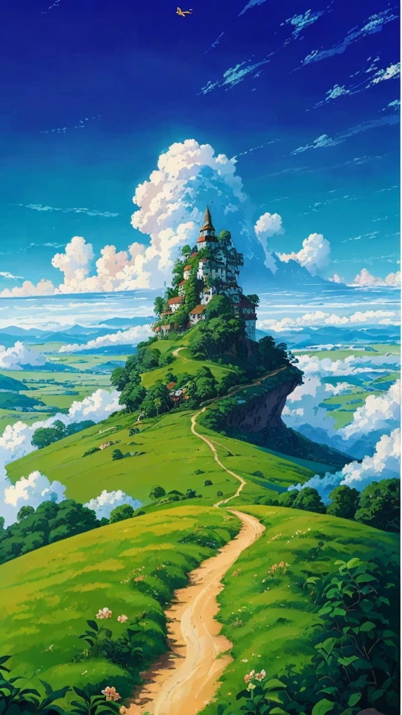 a painting of a path leading to a castle on a hill, flying cloud castle, castle in the sky style, castle in the sky, isometric island in the sky, detailed scenery —width 672, anime countryside landscape, studio ghibli landscape, by Raymond Han, beautiful painting of a tall, flying island in the sky, anime landscape