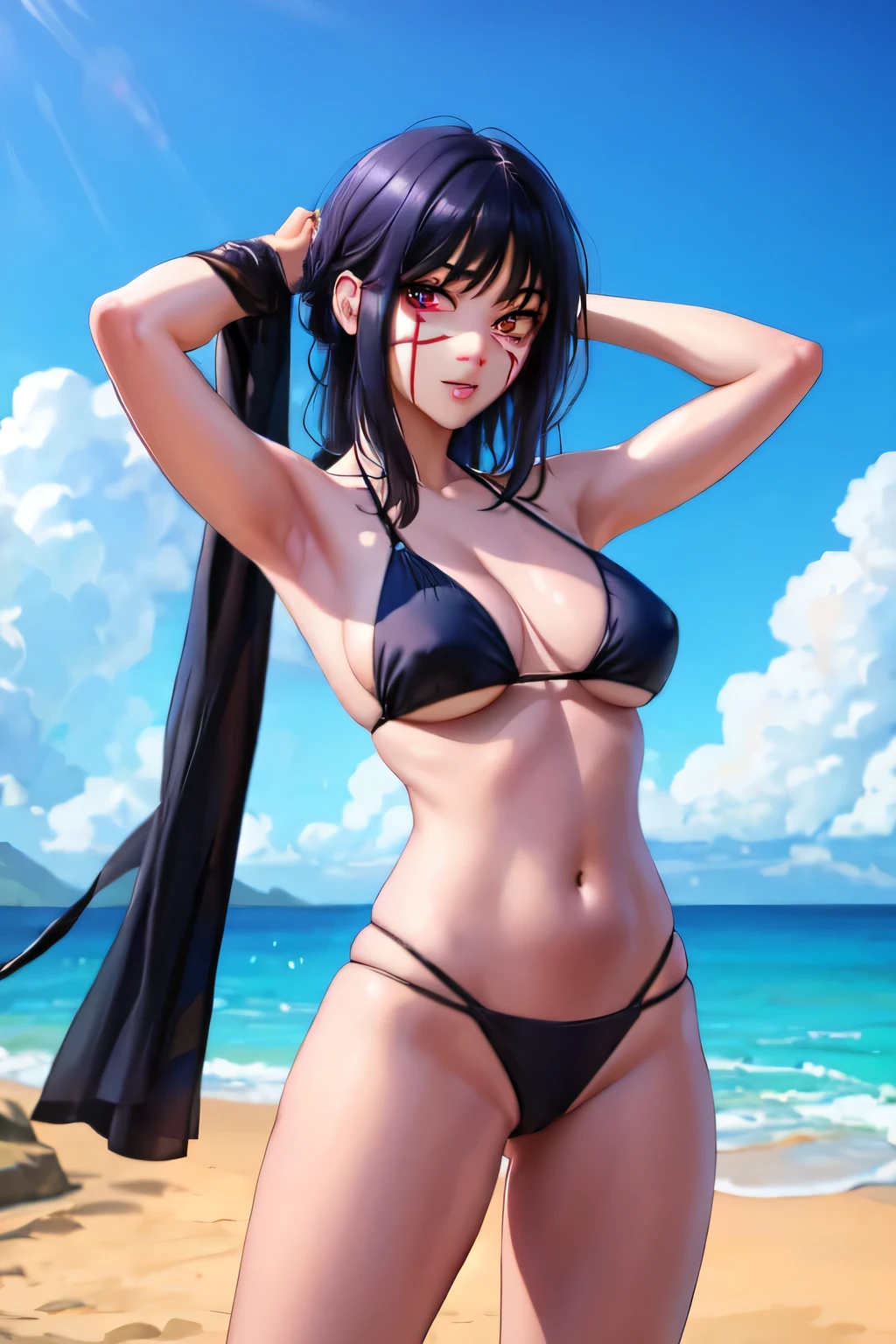 Hayase Nagatoro, tanlines, seductive pose, nude, naked, no cloths, beach, wet, black hair, 1girl, solo, masterpiece, professional artwork, famous artwork, perfect face,perfect eyes, Nagatoro Hayase, hair ornament, brown eyes,(glowing eyes:1.1), hair clip ,dark skin, black hair, black hair, beautiful face, evil smile, evil eyes, ((perfect female body, narrow waist)),mature content, nsfw, lewd, nipples visible, tanlines from swimsuit, nude, naked, Sexy pose, evil smile, trimmed pubic hair, one piece swimsuit tanline, small breasts, sitting, realistic vagina, night, cameltoe, glowing eyes