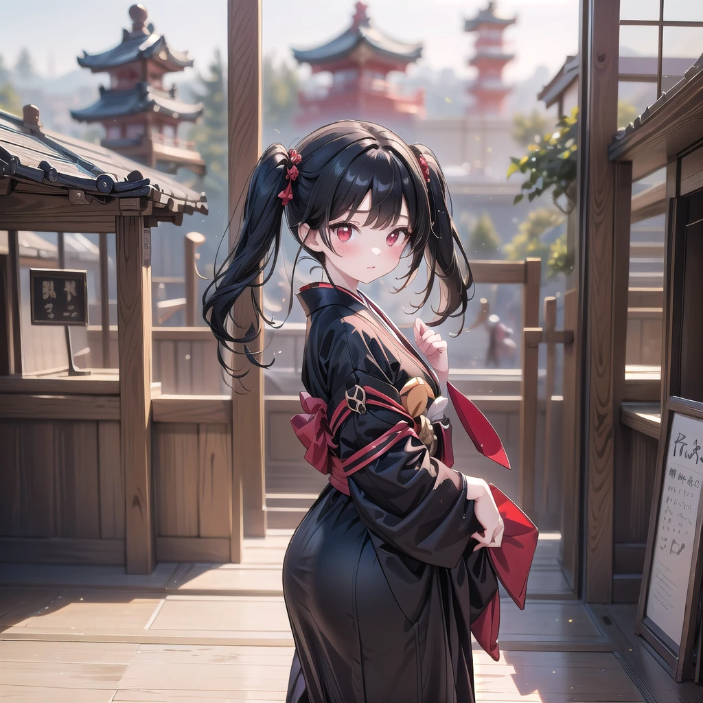 solo, 1 girl, 17yo, dark witch kimono, dark witch hat, magic wand with red gem, long twintails, red eyes, (beautiful face and beautiful eyes:1.36), huge breasts, big butt, glamorous body