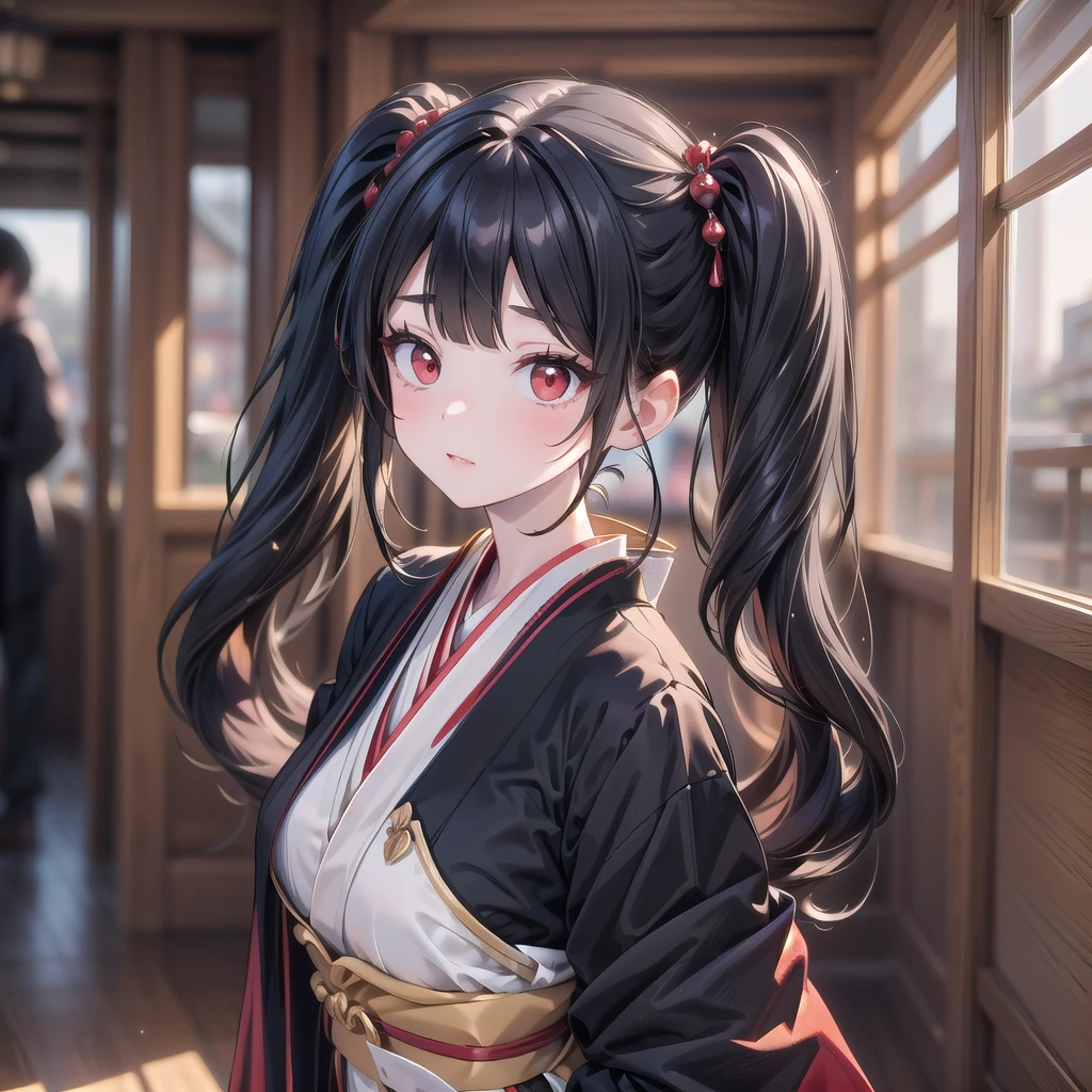 1 adult tall lady, light beige black hair, beautiful japan classical town background, (twintails, red eyes, black and red gothic dress:1.2),