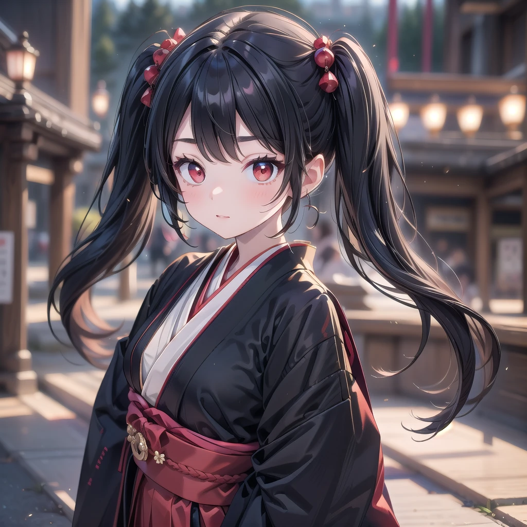 1 adult tall lady, light beige black hair, beautiful japan classical town background, (twintails, red eyes, black and red gothic dress:1.2),