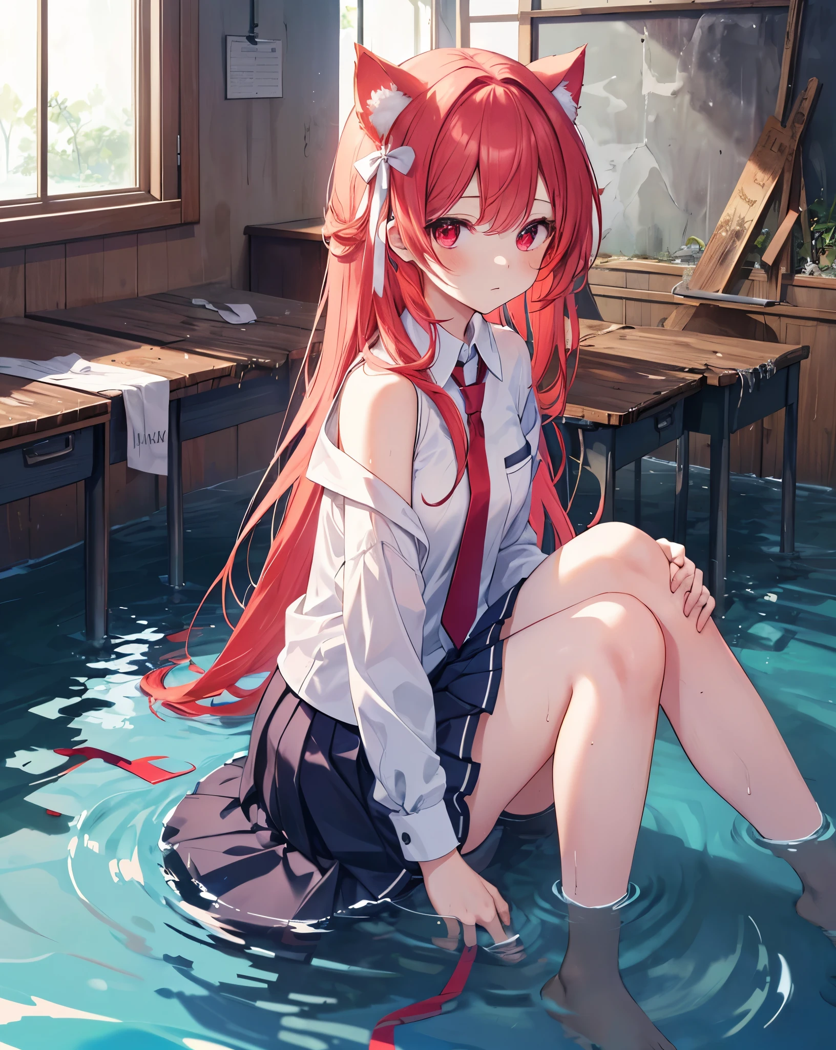 High quality, kotori_itsuka,1girl, solo, neko_ears, untied_necktie, ((White ribbons to tie hairs)),random dynamic scene , bare shoulders , long red hair, vibrant red eyes.
(school uniform,pantyhouse:1.2),ribbon,(flooded water,sitting,ruins, class room,water underground,water surface,hands between legs)moonlight