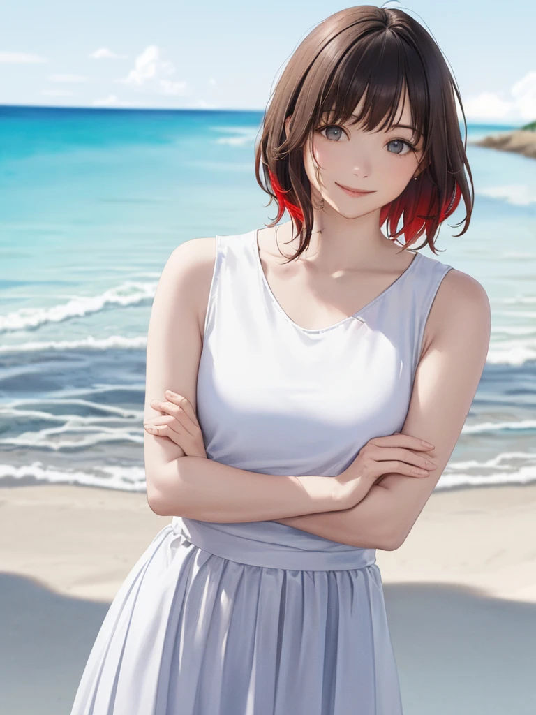 (Highest quality、8k、32K、masterpiece)、(Realistic)、(Realistic:1.2)、(High resolution)、Very detailed、Very beautiful face and eyes、(((Women's Solo Shot)))、Frame In、Tight waist、(Highest quality、Attention to detail、Rich skin detail)、(Highest quality、8k、Oil paints:1.2)、(Realistic、Realistic:1.37)、Bright colors、(((Cowboy Shot)))、(((Bob Hair)))、(((smile)))、(((Brown Hair)))、(((White and red checked tank top)))、(((White chiffon skirt)))、(((I'm on the beach)))、(((I can see the horizon)))、((Arms crossed))、(((blue sky)))、
