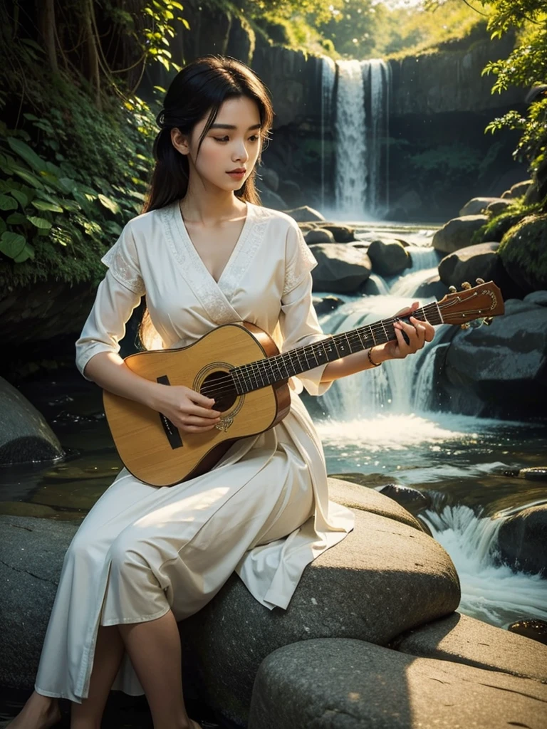 A beautiful woman dressed in traditional Thai attire from classical literature, playing a guitar on a rock by a waterfall. The scene is illuminated by the soft, golden sunlight, creating a serene and enchanting atmosphere.