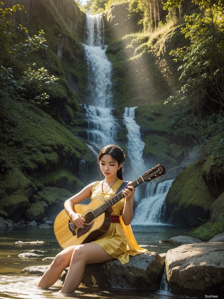 A beautiful woman dressed in traditional Thai attire from classical literature, playing a guitar on a rock by a waterfall. The scene is illuminated by the soft, golden sunlight, creating a serene and enchanting atmosphere.