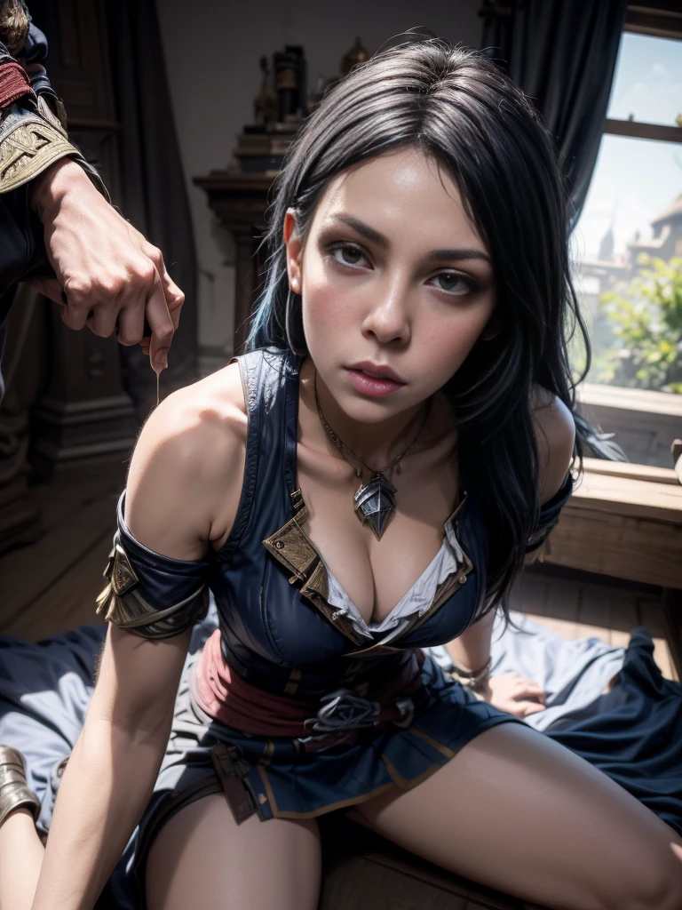(best quality,4k,8k,highres,masterpiece:1.2)female,captivating eyes,pouty lips,seductive expression,expressive face,flowing vibrant hair,colored hair,2color hair,colored skin,random perfectly body,full body, random flirtatious pose,looking directly into the camera,showing confidence,she is wearing sexy outfit, ((assassin creed outfit)), white and red outfit,pov blowjob