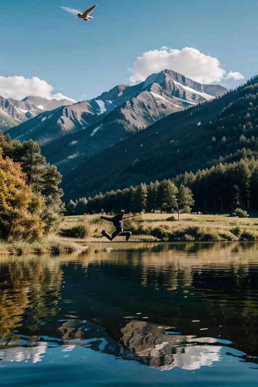 Man flying by the lake