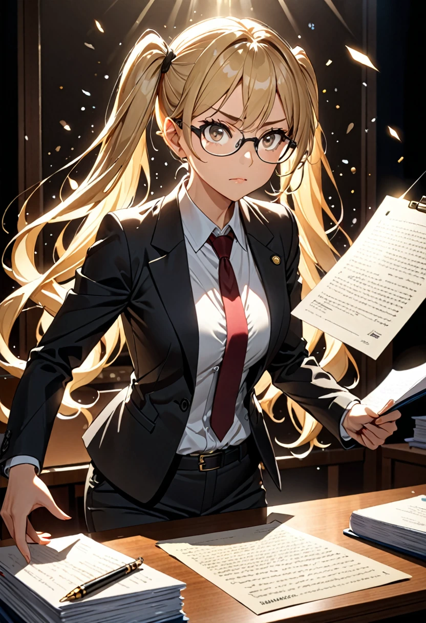 Highest quality, Highest quality, 16K, Unbelievably absurd, Very detailed, delicate and dynamic, Detailed facial depiction, , Particles reflect light, Diffuse reflection of light, Vortex of Light, Files on the desk, Spotlight, trial所, trial, Defense, Glassesが光を反射する, Create amazing image effects, Close-up, (sole sexy lady, big firm bouncing busts, long wavy blonde hair, Twin tails, lawyer, Powerful, Chic black suit, White blouse, pants suit, High heels, Glasses, Serious, Self, Intimidation, Stand up and read the document, Glassesを手で押し上げる,)