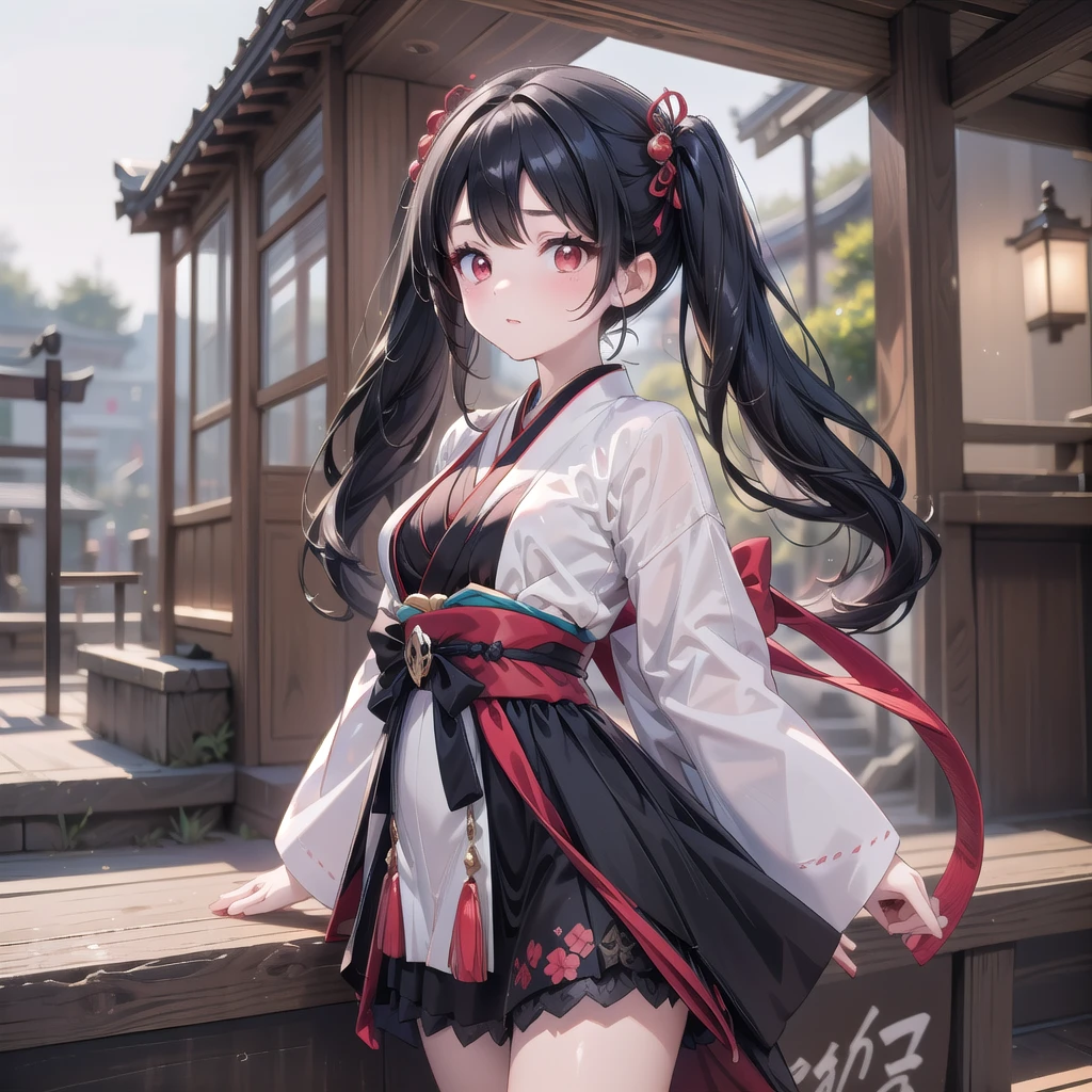 1 adult tall lady, light beige black hair, beautiful japan classical town background, (twintails, red eyes, black and red gothic dress:1.2),