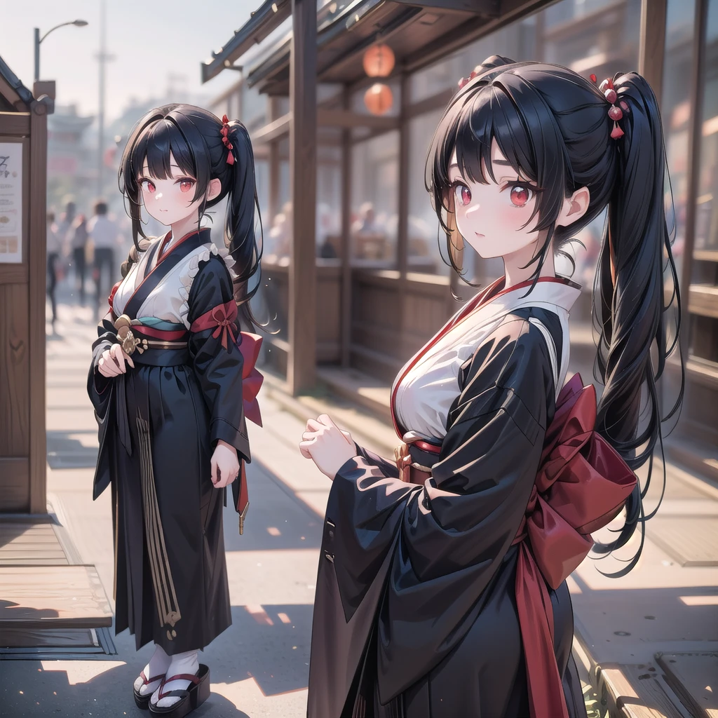 1 adult tall lady, light beige black hair, beautiful japan classical town background, (twintails, red eyes, black and red gothic dress:1.2),