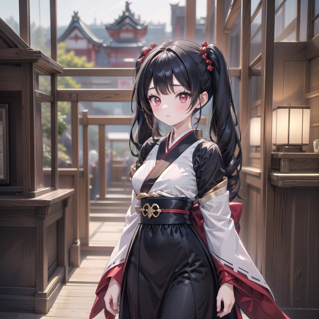1 adult tall lady, light beige black hair, beautiful japan classical town background, (twintails, red eyes, black and red gothic dress:1.2),