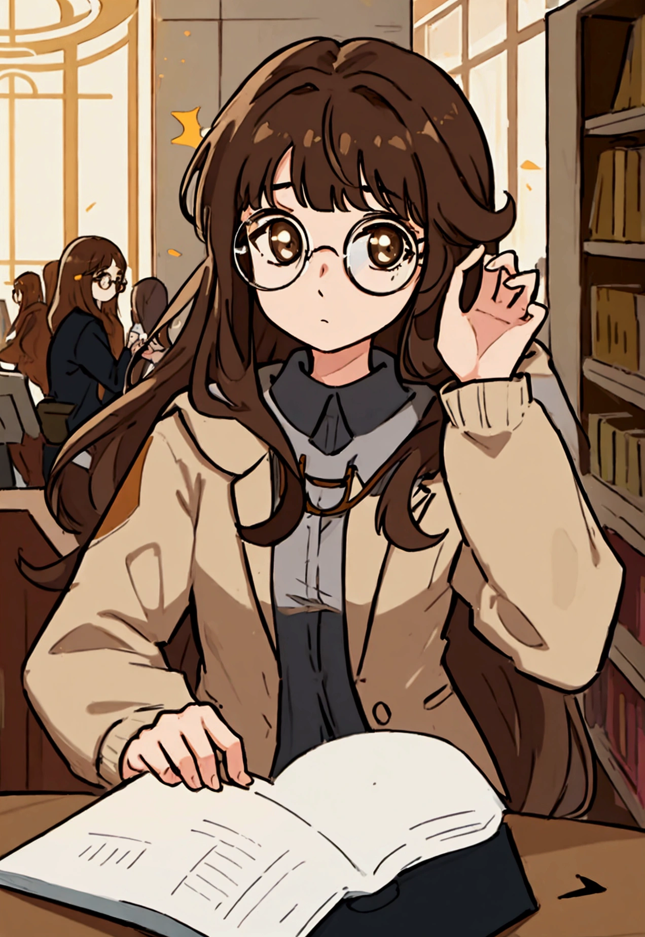 1 girl, medium construction, ((round glasses)), long brown hair, blunt bangs, Brown eyes, ((neutral)), (captivating expression), expressionless, modern, selfie, (((contemporary))), library background
