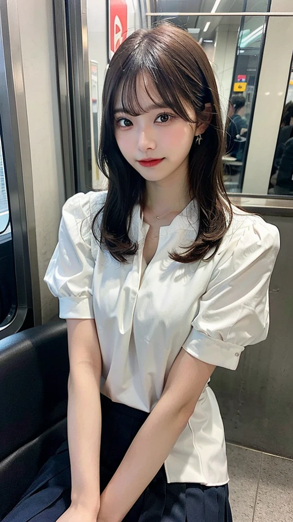 (masterpiece, Highest quality:1.2), 8k, 15 years old, 85mm, Official Art, RAW Photos, Absurd, White dress shirt, Pretty face, close, Upper Body, Violet, Gardenias, beautiful girl, , (Navy Pleated Skirt:1.1), Squeeze the waist, Thighs, Short sleeve, in the train, Sitting on a bench seat, View your viewers, No makeup, (smile:0.4), Film Grain, chromatic aberration, Sharp focus, Face Light, Bright lighting, Teen, Detailed face, Bokeh Background, (Dark red tie:1.1)