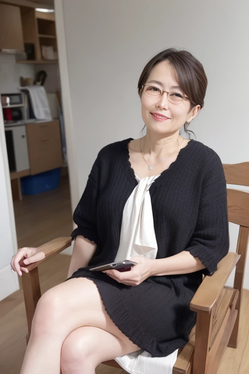 8k, Mature and elegant Japanese woman, 55 years old, Married women, Delicate features, Long eyelashes, Sparkling eyes, Low Ponytail, Red lipstick, Rosy Cheeks, eye shadow, wear glasses, Attractive lips, Sexy Lingerie, Sit on a chair, Crossing your legs, Play games on your smartphone, photo shoot, (Highest quality,8k,High resolution,masterpiece:1.2),