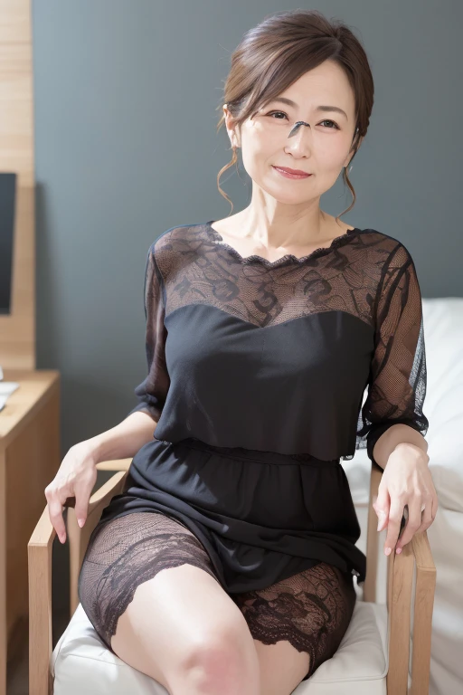 8k, Mature and elegant Japanese woman, 55 years old, Married women, Delicate features, Long eyelashes, Sparkling eyes, Low Ponytail, Red lipstick, Rosy Cheeks, eye shadow, wear glasses, Attractive lips, Sexy Lingerie, Sit on a chair, Crossing your legs, Play games on your smartphone, photo shoot, (Highest quality,8k,High resolution,masterpiece:1.2),