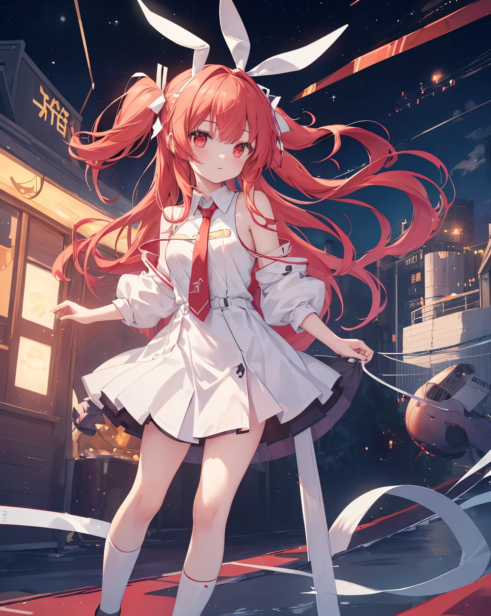 High quality, kotori_itsuka,1girl, solo, neko_ears, untied_necktie, ((White ribbons to tie hairs)),random dynamic scene , bare shoulders , long red hair, vibrant red eyes.
(school uniform,pantyhouse:1.2),ribbon,(space ship, she's a commander,general of the starship.war,dress)